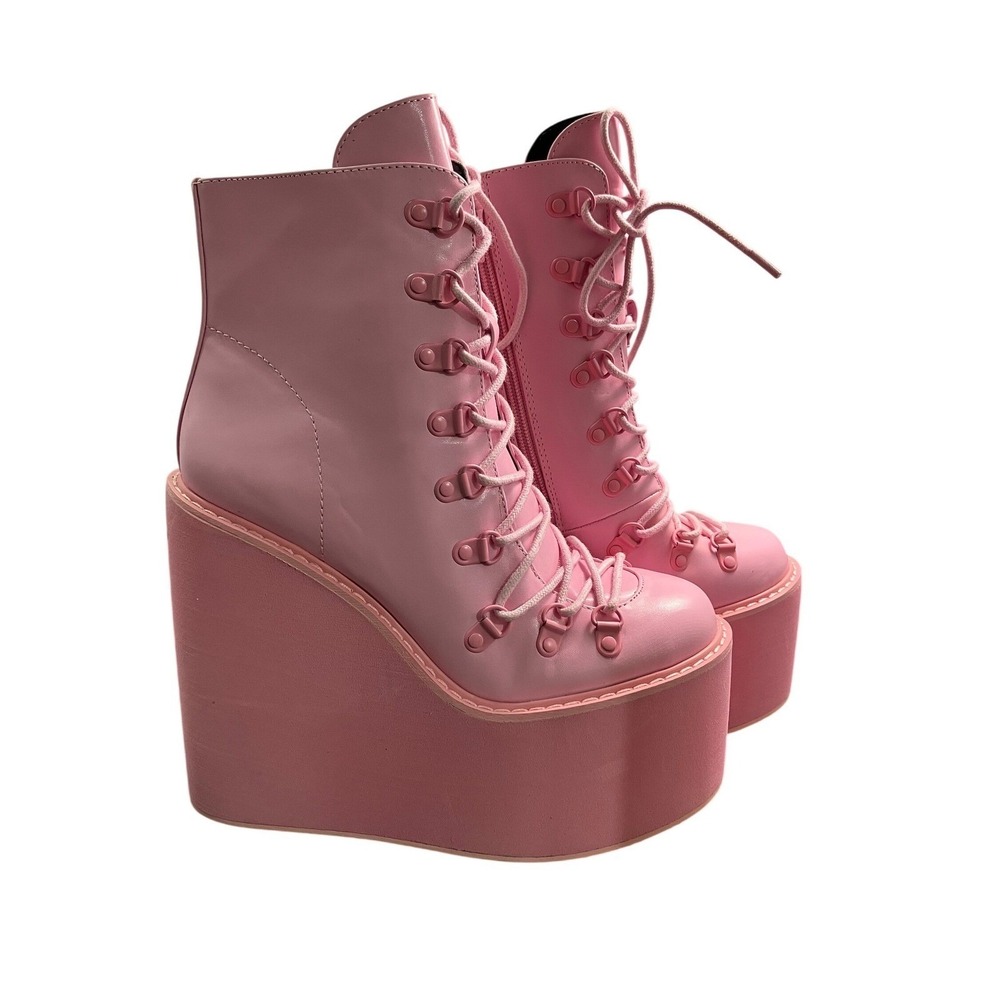 Dolls Kill Current Mood Pink Platform Wedge Lace Ankle Boots Womens 8M Zip Boots